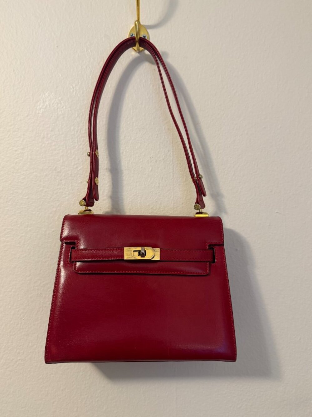 Authentic Vintage Bally bag, Hermes style mini Kelly sellier, box leather purse